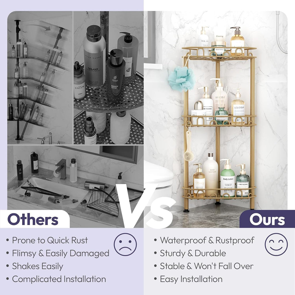 SWTYMIKI Standing Shower Caddy Corner - 3‑Tier Stainless Steel Shower Organizer Shelf with 12 Hooks and Adhesive Pads, Rustproof Corner Shelves Stand Rack for Bathroom Shower Room, Gold