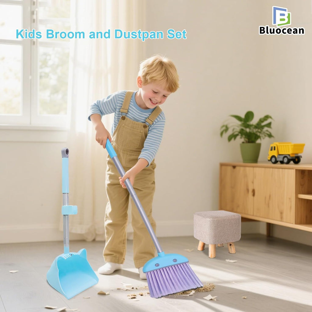 28'' Kids Mini Broom and Dustpan - Toddler Cleaning Toy Set, Toddler Household Helper, Parent-Child Interactive Play Cleaning Tool, Cute Cartoon Design, Small Safe Corner Broom (Blue)