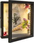 28x30cm LED Shadow Box Frame, Wooden Wine Cork Holder Display Case Built-in LED Lights Memory Keepsake Box for Wine Corks, Ticket Stubs, Photos, Medals & Memorabilia, Wall/Tabletop Mount