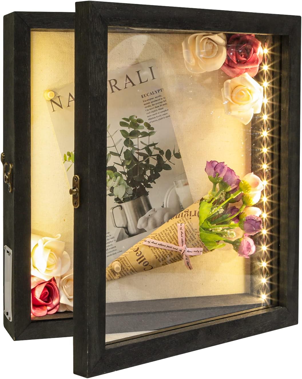 28x30cm LED Shadow Box Frame, Wooden Wine Cork Holder Display Case Built-in LED Lights Memory Keepsake Box for Wine Corks, Ticket Stubs, Photos, Medals & Memorabilia, Wall/Tabletop Mount