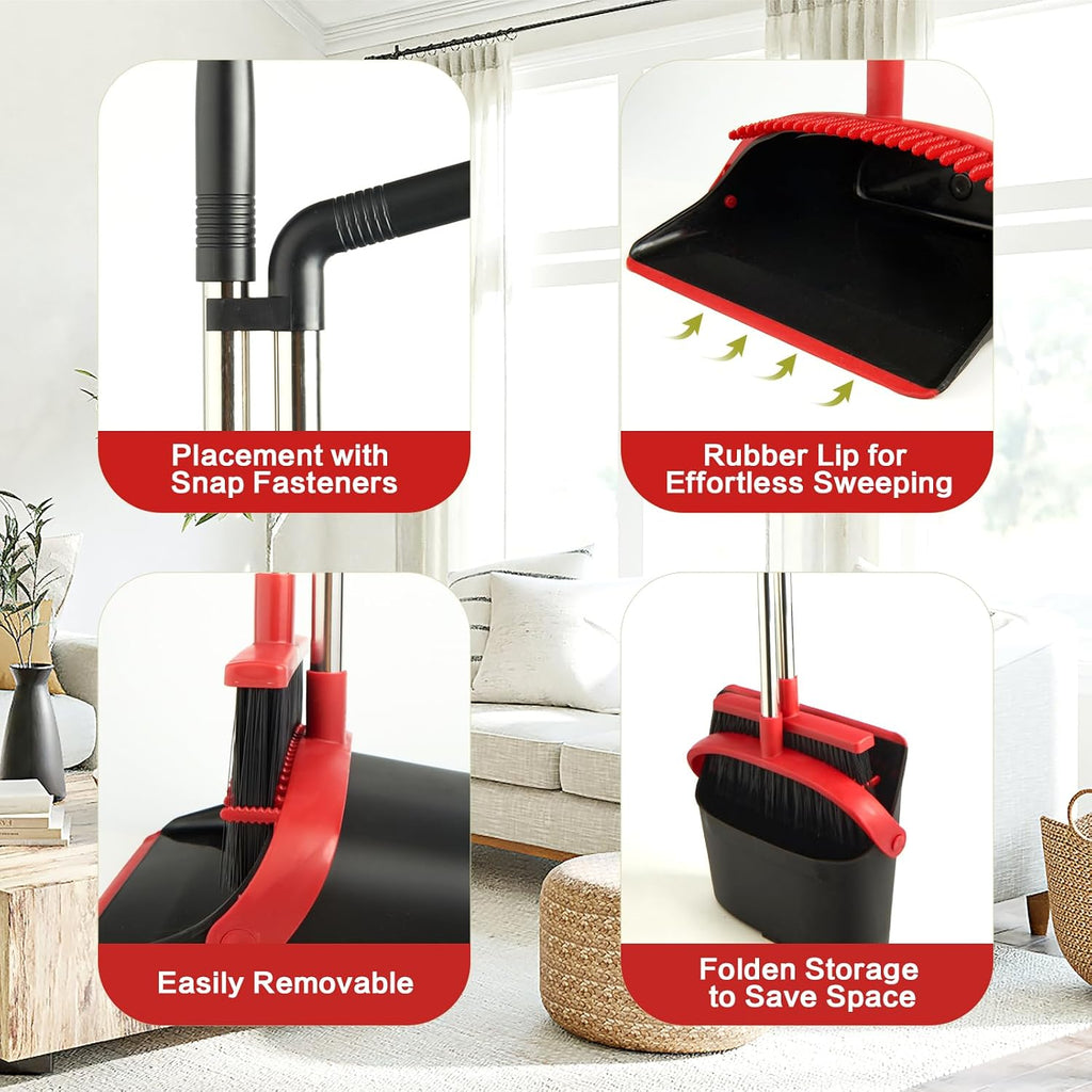 Broom and Dustpan Combo Set,Long Handle,Black Red