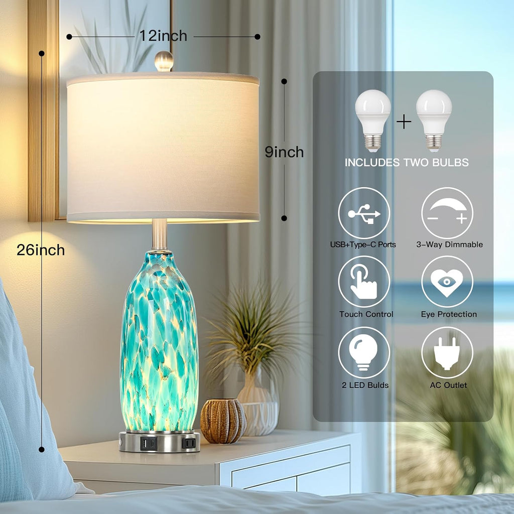 Rinweey 26" Peacock Green Glass Table Lamps Set of 2,Coastal Nautical Bedside Lamps with USB Ports & AC Outlet,Lamparas Elegantes para Cuarto with Night Light for Bedroom Living Room Decoration