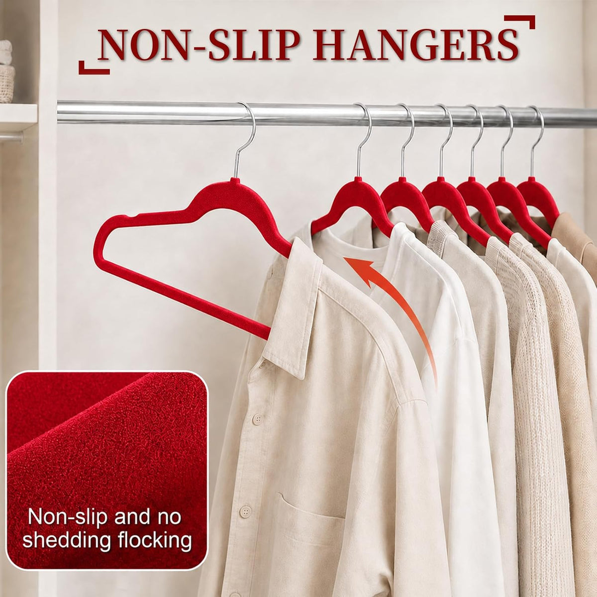 Velvet Felt Hangers 50 Pack, Non Slip, Slim, Space Saving, Red