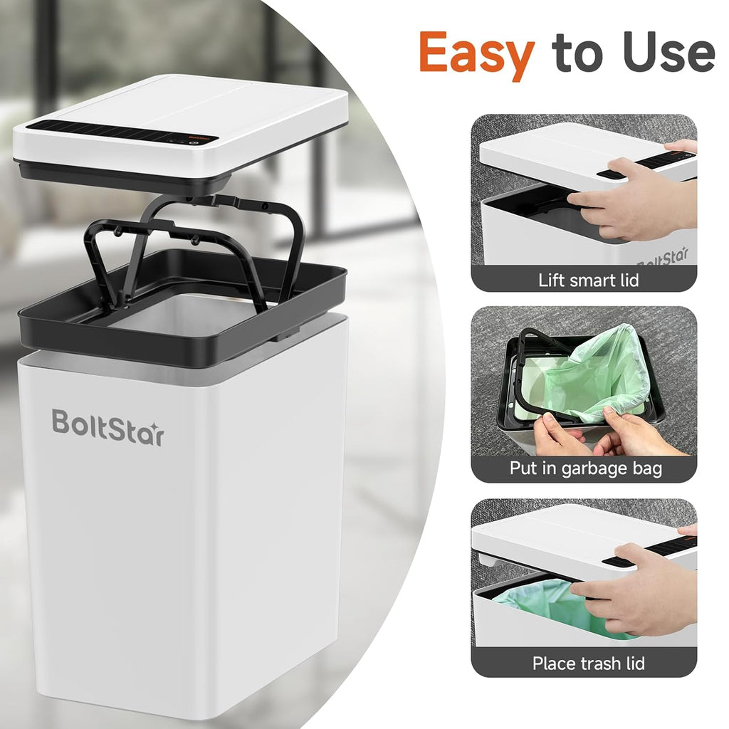 Solar Automatic Trash Can: 2 Pack 2.6 Gallon & 4 Gallon Motion Sensor Garbage Can, No Charging Required, Slim Smart Touchless Trash Bin with Lid for Bedroom, Living Room, Bathroom, Office, RV, White