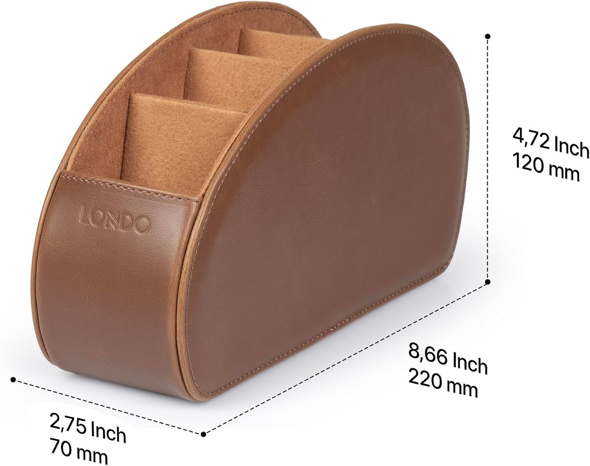 Londo PU Vegan Leather Remote Control Holder with 5 Pockets, Nightstand Caddy & Bedside Organizer for TV, DVD, Blu-Ray, Roku, Apple TV Remotes, Phones, Glasses — Suede Lined Gift for Dad, Light Brown