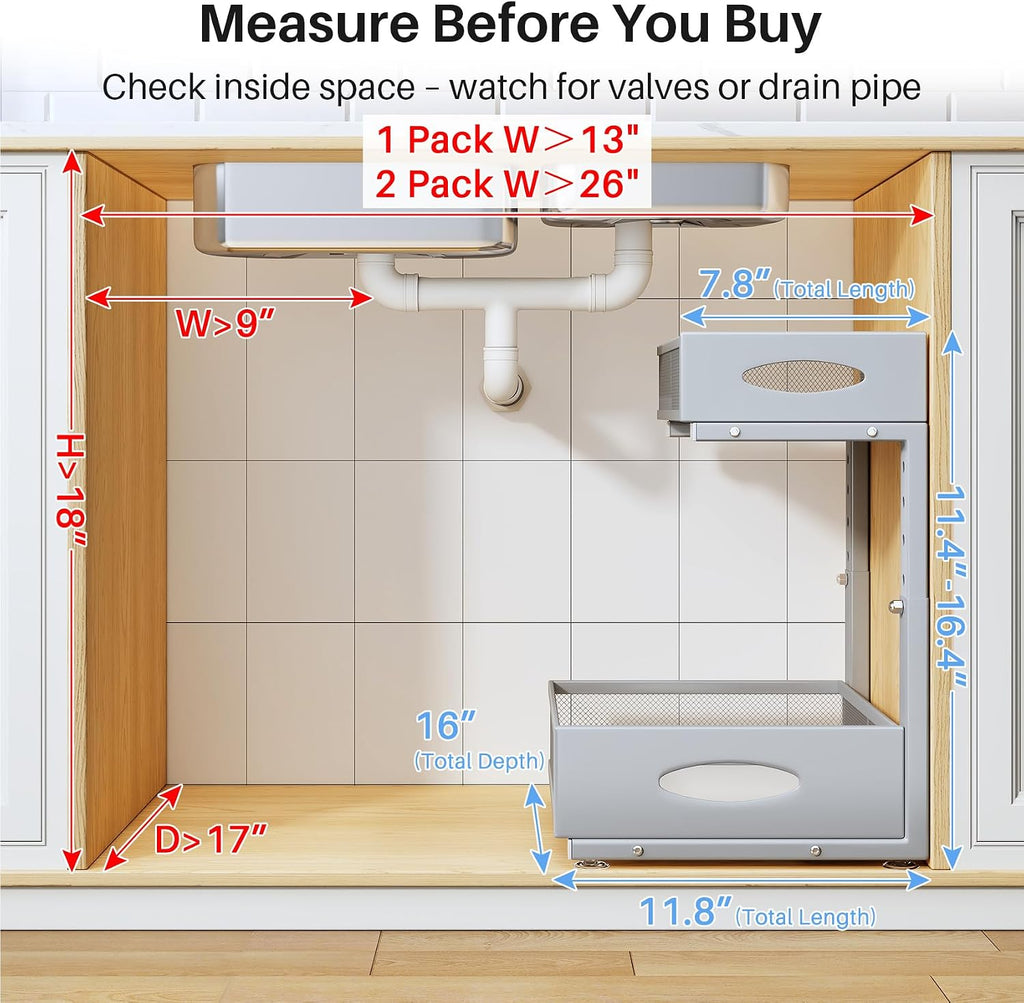 Under Sink Organizer, 2 Tier Pull Out Under Cabinet Organizer Shelf with Pad for Framed Cabinets, Metal Slide Out Under Sink Storage, Mesh Sliding Drawers for Kitchen Bathroom Laundry(Grey, 1 Pack)