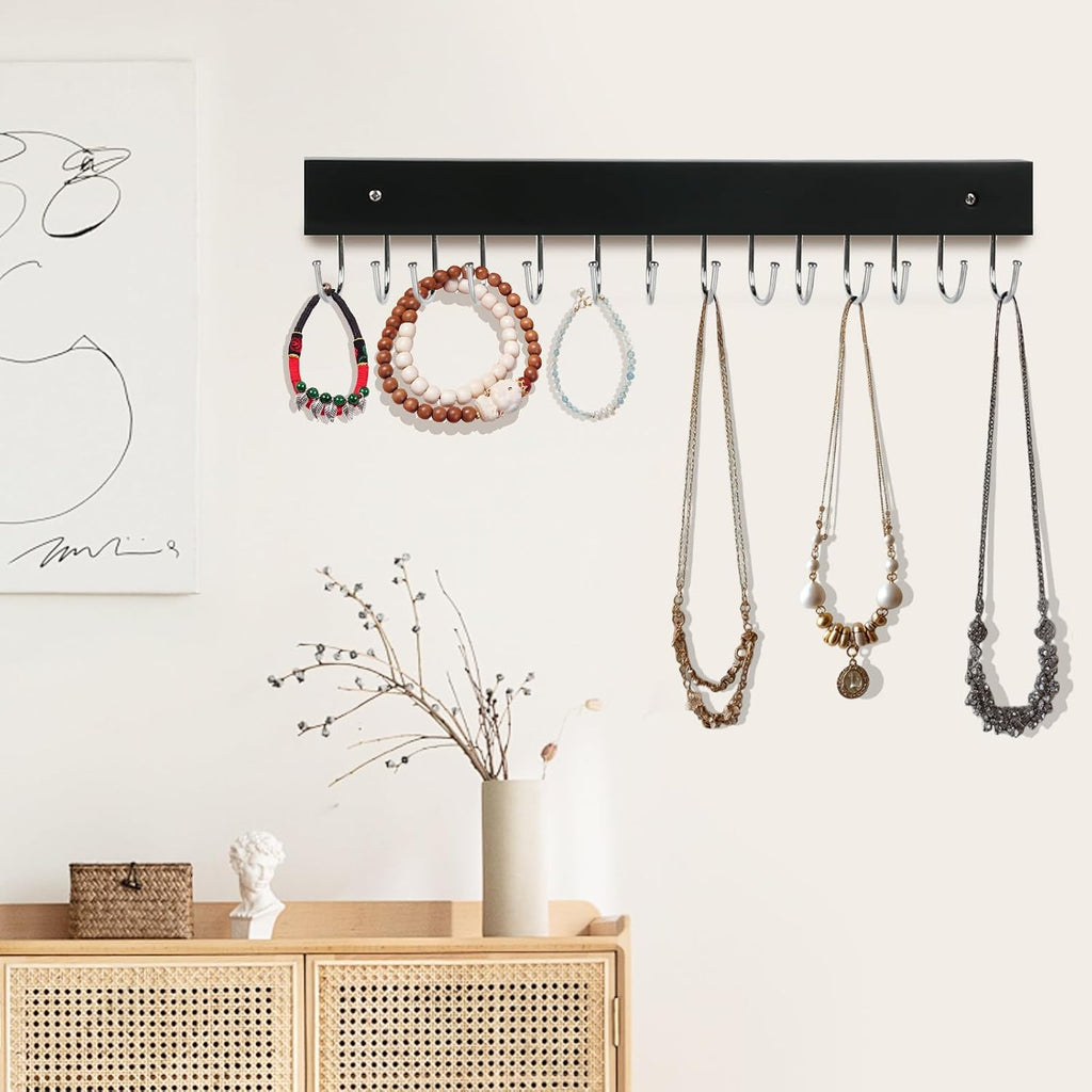 2-Pack Necklace Holder Wall-Mounted Wooden Jewelry Organizer with 28 Hooks