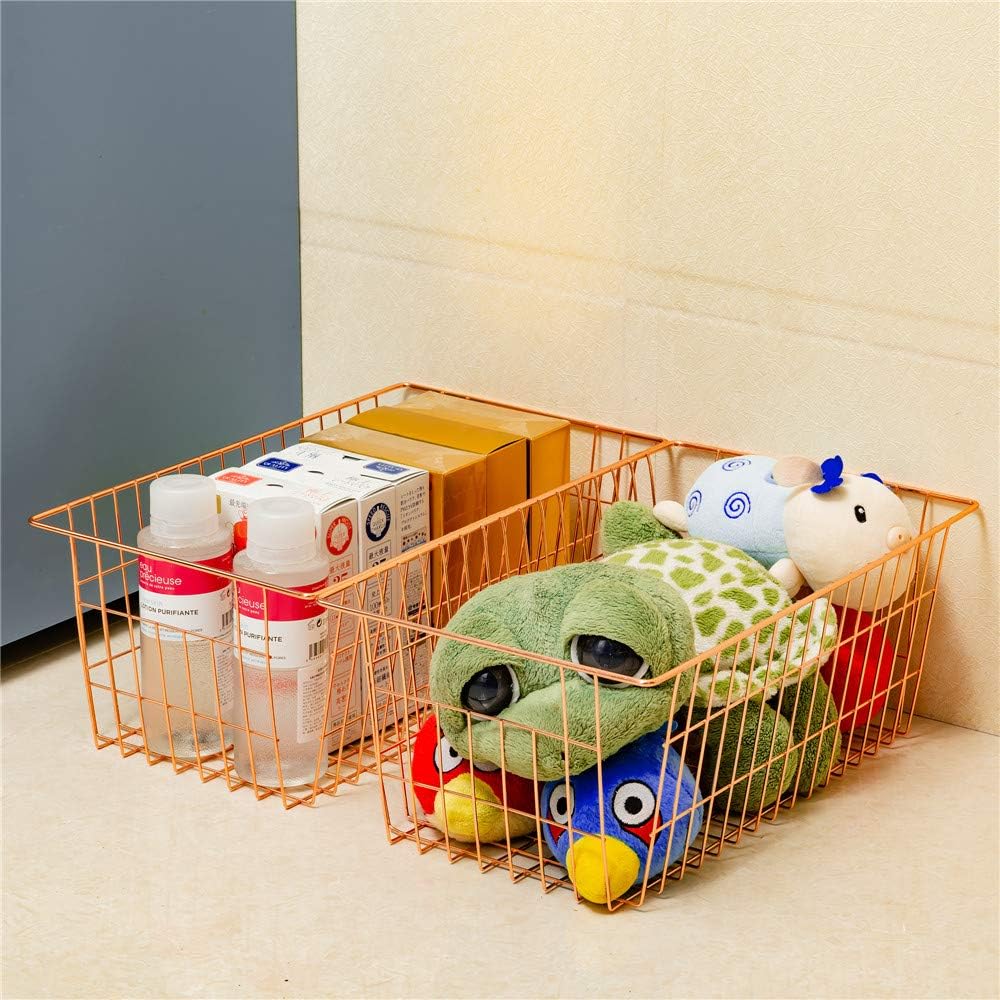 SANNO Wire Storage Basket, Farmhouse Pantre Freezer Baskets bins Metal Baskets Kitchen Storage Organizer Bin for Pantry, Shelf, Freezer, Kitchen Cabinet, Bathroom, Rose Gold