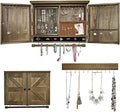 GLANT Rustic Wall Mounted Jewelry Organizer with Wooden Barndoor Decor,Wooden Wall Mount Holder,Jewelry holder for Necklaces, Earings, Bracelets, Ring Holder. Includes matching hook organizer