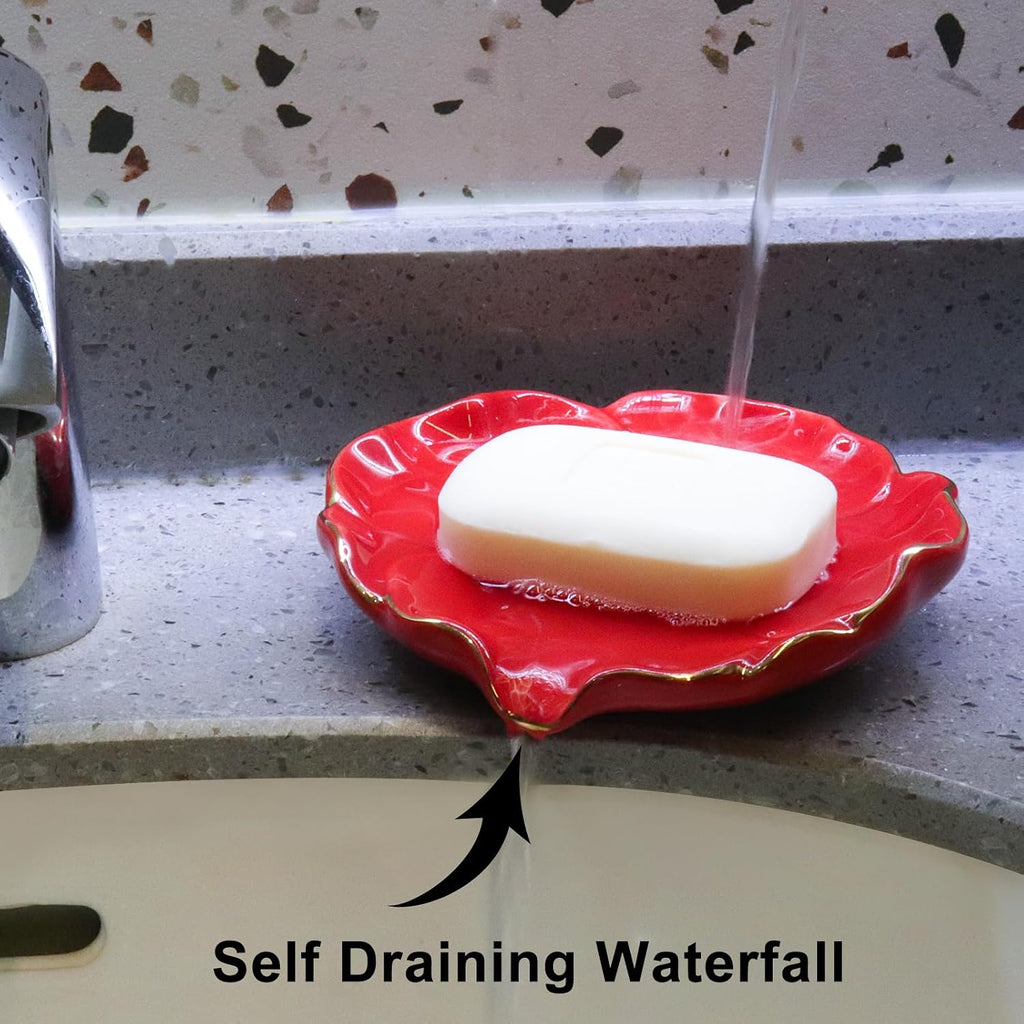 Ceramic Self Draining Soap Dish Red Hibiscus Flower Waterfall Soap Dish Soap Savers for Bathroom,Shower,Bar Counter