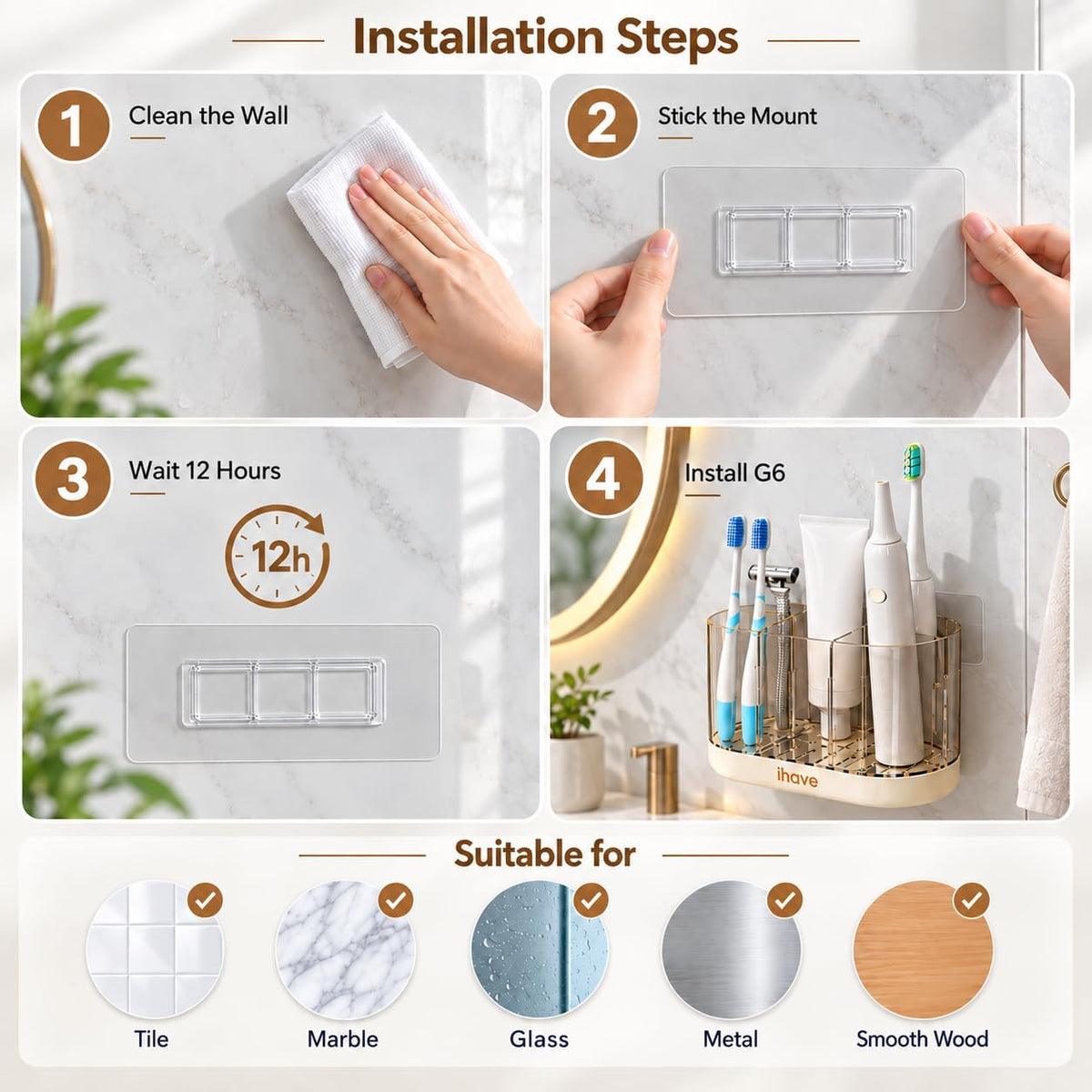 iHave Toothbrush Holders, Bathroom Counter Organizer with Wall Mount, White