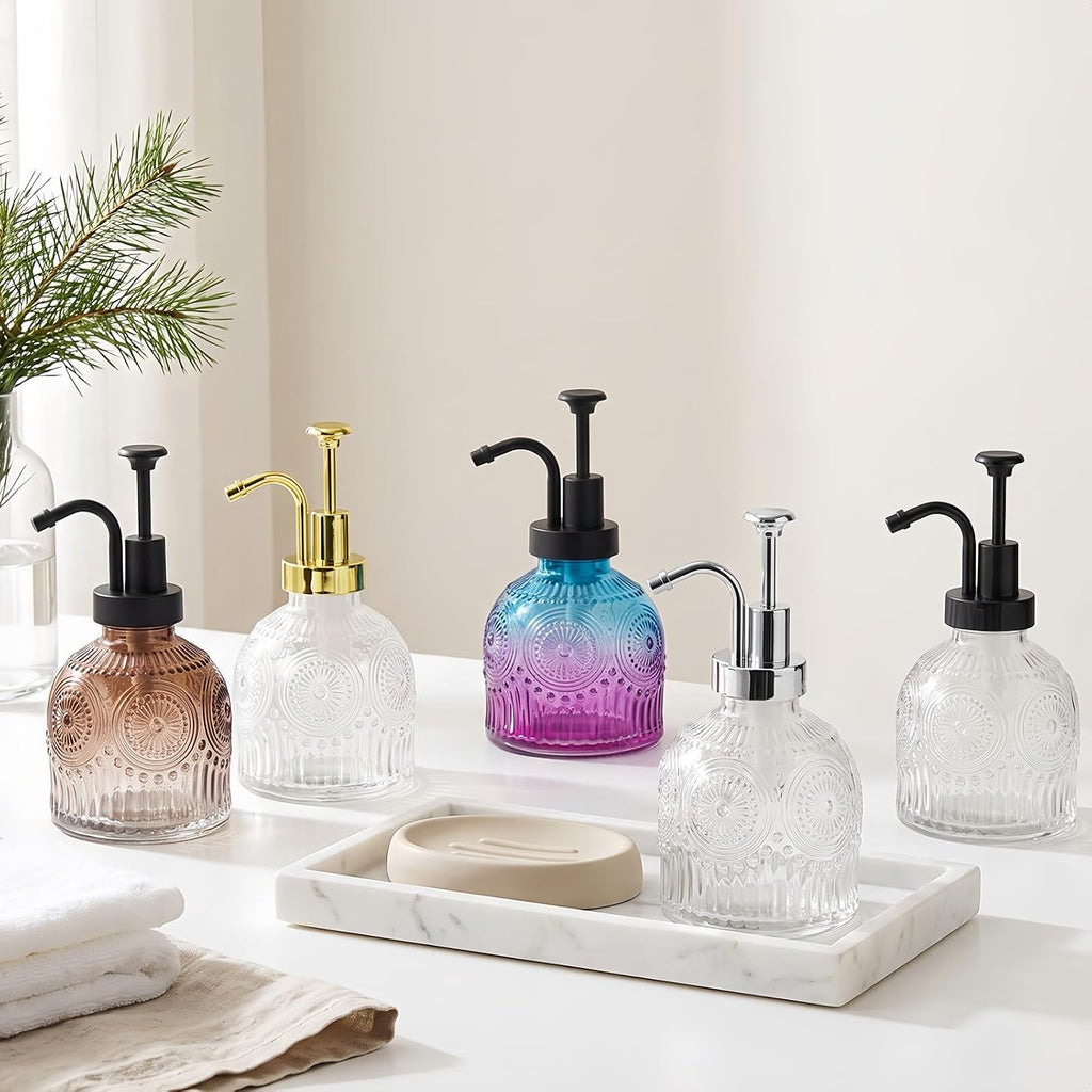 SheeChung 8 Oz Clear Glass Soap Dispenser with Rust Proof Gold Pump, 2 Pack
