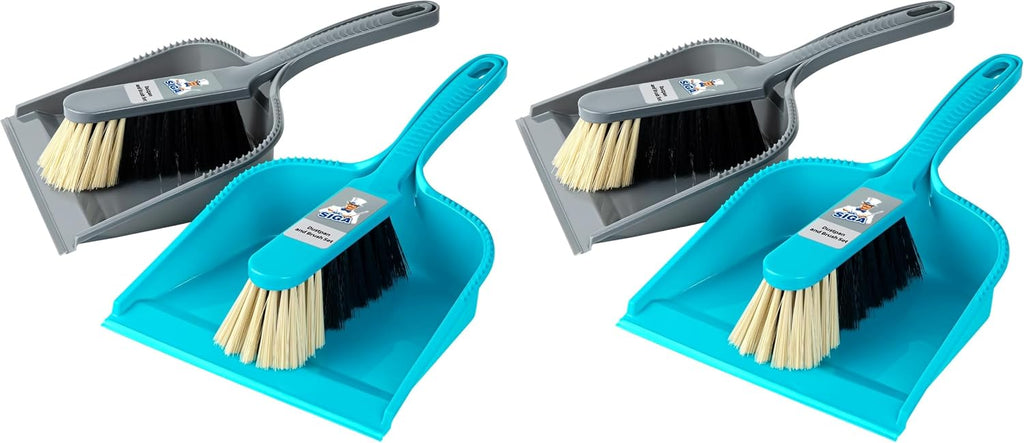 MR.SIGA Dustpan and Brush Set, Pack of 4 Set, Blue & Grey
