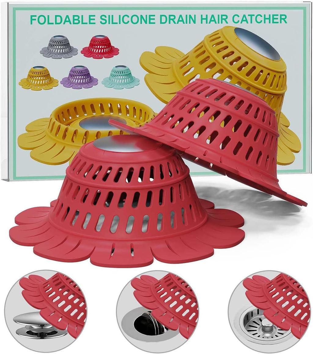 Universal Drain Hair Catcher, 2 Pack Heavy Duty Silicone Tub Hair Catcher Drain Protector for Round Pop-Up & Flat Drains of Bathtub Shower Sink, Cutout Flowers, Fast Draining, No Sliding