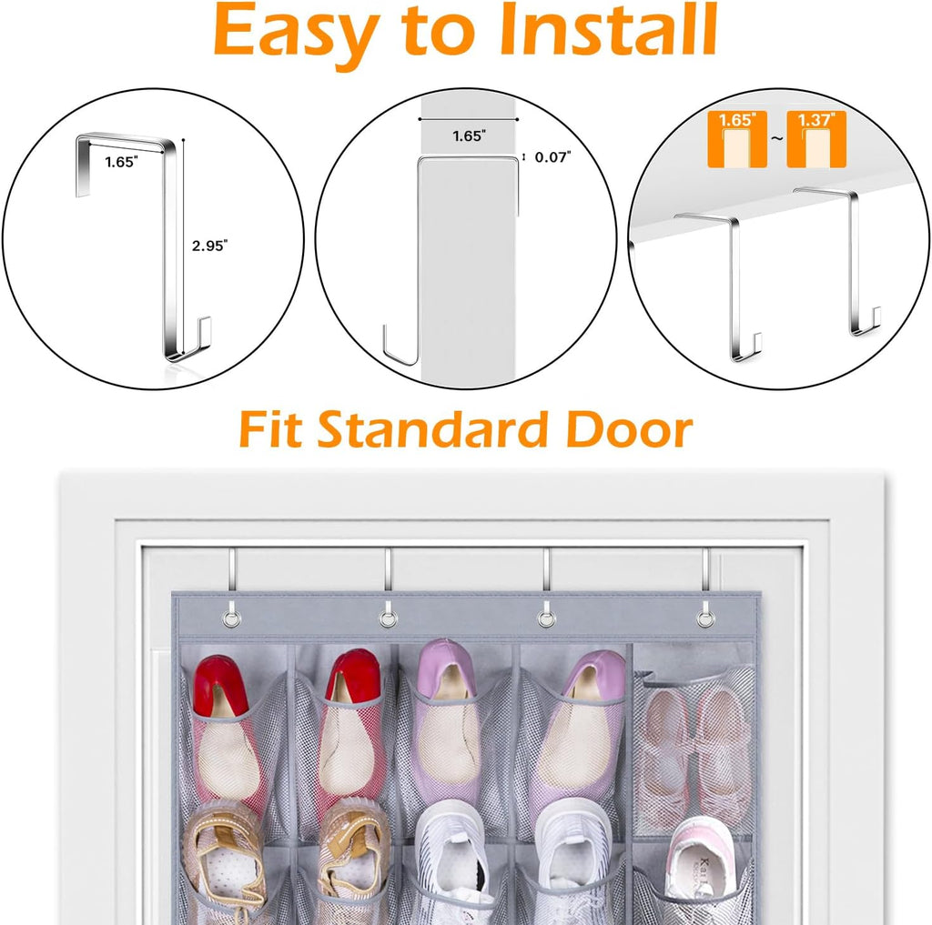 MISSLO 35 Large Pockets Over The Door Shoe Organizer Sturdy Oxford Fabric Hanging Shoe Rack for Door Mesh Closet Shoe Holder Hanger, Grey