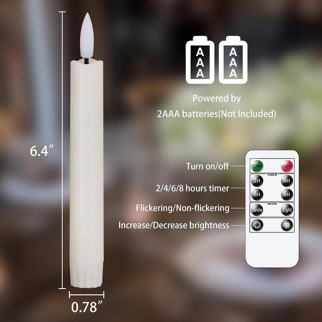 6.4 Inches Plastic LED Taper Candles with Remote and Timer,Ivory Flameless Battery Operated Flickering Candlesticks,Pack of 6 Flameless 0.78” Diameter 3D-Wick Tall Window Candles,Long-Lasting