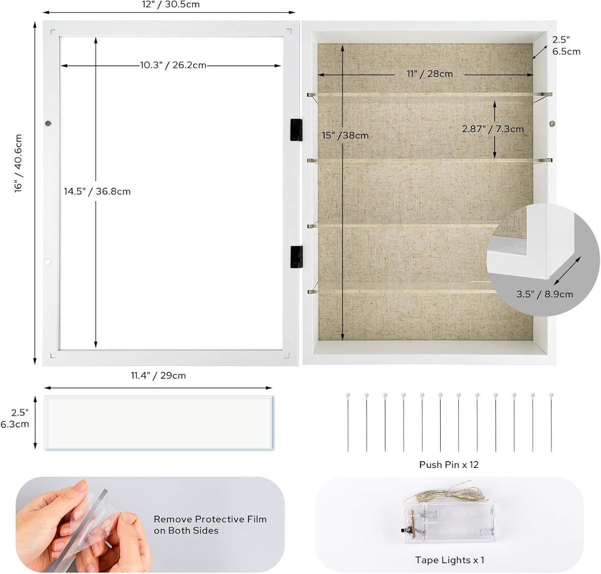 12x16 Shadow Box Display Cases with 4 Removable Clear Shelves, White