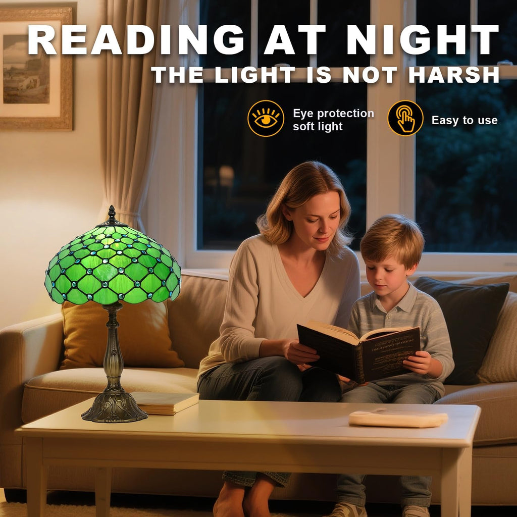 Stained Glass Table Lamp, Green Pearl Style, 12X12X19 Inch