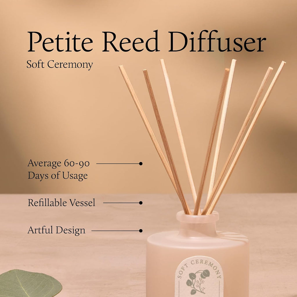 Thymes Petite Oil Reed Diffuser Set – Includes Reeds, Fragrance Oil & Glass Bottle – Luxury Scent Diffusers for Home Decor – Notes of Eucalyptus Leaf, Juniper & Sandalwood (Soft Ceremony, 4 fl oz)