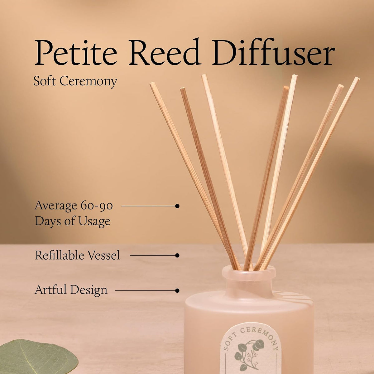 Thymes Petite Oil Reed Diffuser Set – Includes Reeds, Fragrance Oil & Glass Bottle – Luxury Scent Diffusers for Home Decor – Notes of Eucalyptus Leaf, Juniper & Sandalwood (Soft Ceremony, 4 fl oz)