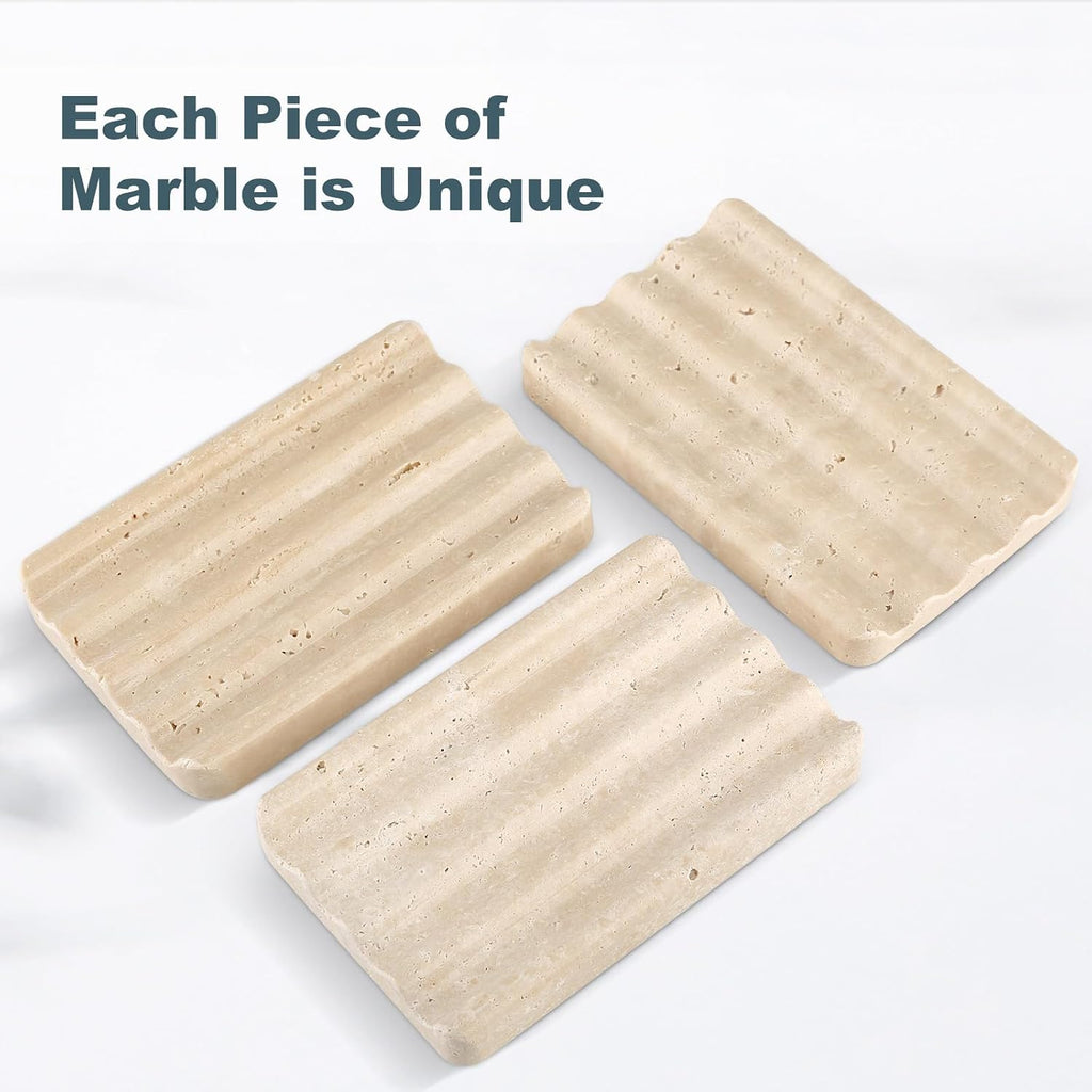 Karibiber Marble Soap Dish, Beige Travertine Bar Soap Holder Shower, Large Bathroom Soaps Saver, Easy Cleaning Natural Stone Sponge Holder for Kitchen Sink, Executive Jewelry Ring Tray