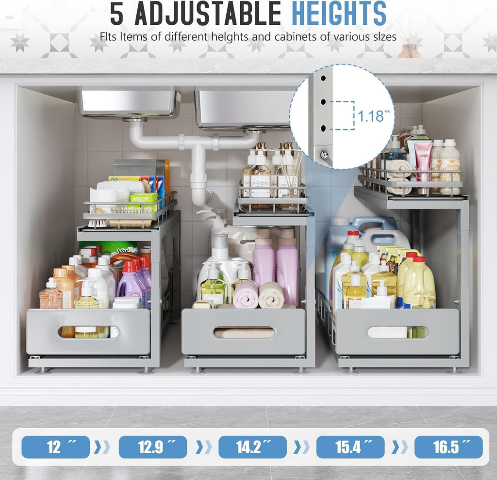 Under Sink Organizer Upgrade To Professional Rails,2-Tier Dual Pull Out Cabinet Storage,Height Adjustable Slide Out Drawers For Bathroom Kitchen,2 Pack-21"Dx12.8"-16.9"H,Gun Gray