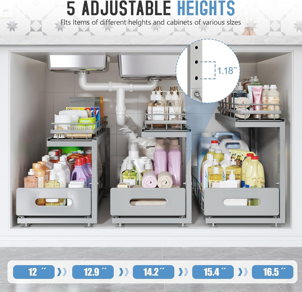 Under Sink Organizer Upgrade To Professional Rails,2-Tier Dual Pull Out Cabinet Storage,Height Adjustable Slide Out Drawers For Bathroom Kitchen,2 Pack-21"Dx12.8"-16.9"H,Gun Gray