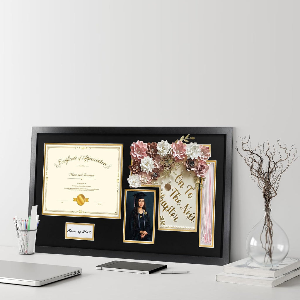 14x26 Black Shadow Box Diploma Frame with Graduation Cap & Tassel Holder for 8.5x11 Diploma and 4x6 Photo with MDF Wood and Plexiglass, Black Over Gold Mat for Wall, Graduation Keepsakes