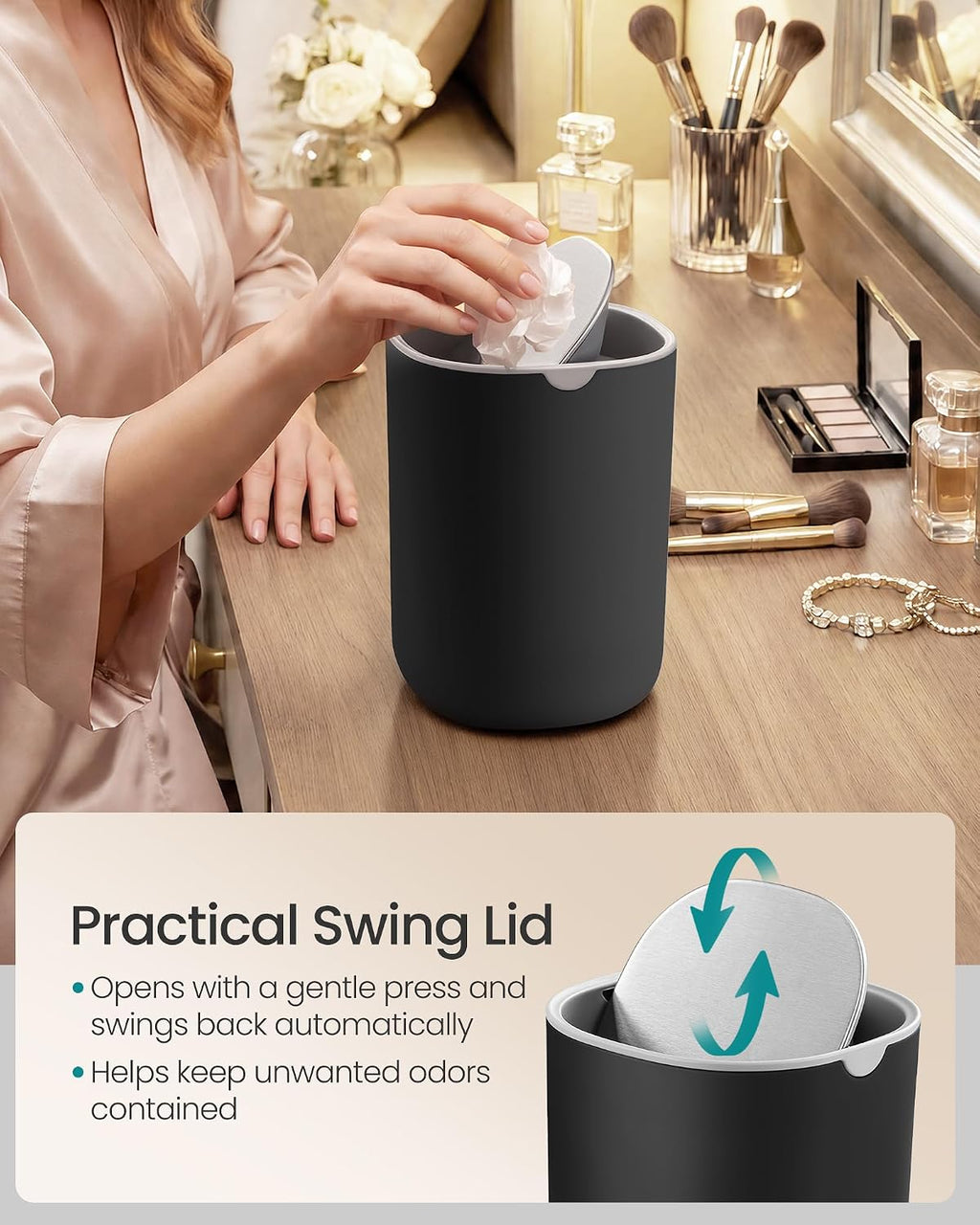 SONGMICS Mini Desk Trash Can, Round, Stainless Steel Swing Lid, 0.7 Gal.