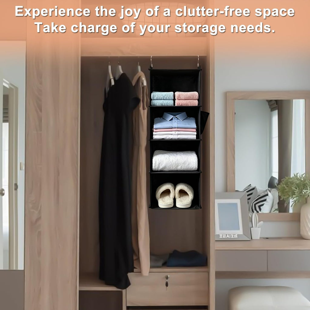 Hanging Closet Organizer and Shelves,4 Shelves with 1 Side Pockets (Beige)