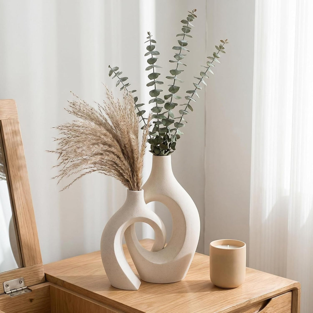 Liotww Snuggle Hollow Ceramic Flower Vase Modern Cream White Vase Set of 2