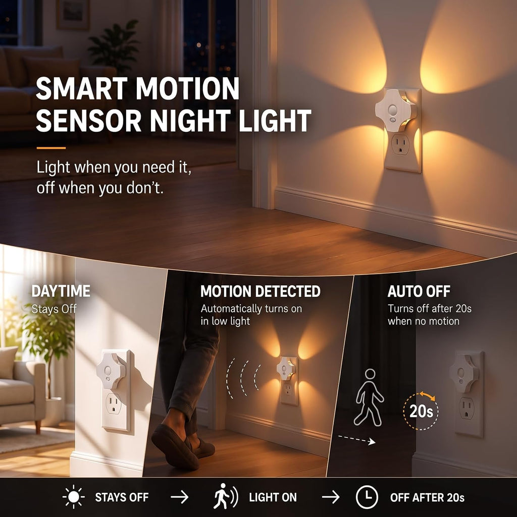 LED Motion Sensor Night Light Indoor, Night Lights Plug into Wall with Dusk to Dawn Sensor, 3000K Soft White, 30/60/100LM Adjustable Brightness, Dimmable Nightlight for Bathroom Hallway Kitchen