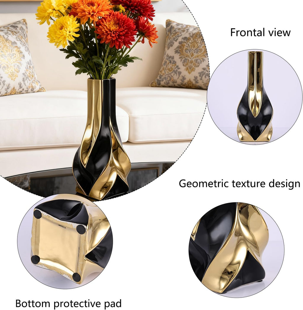 10.6" Black and Gold Ceramic Vase, Modern Geometric Flower Vase for Dining Table Centerpiece, Elegant Decorative Vase for Pampas Grass, Living Room, Bedroom, Office, Tabletop Decoration