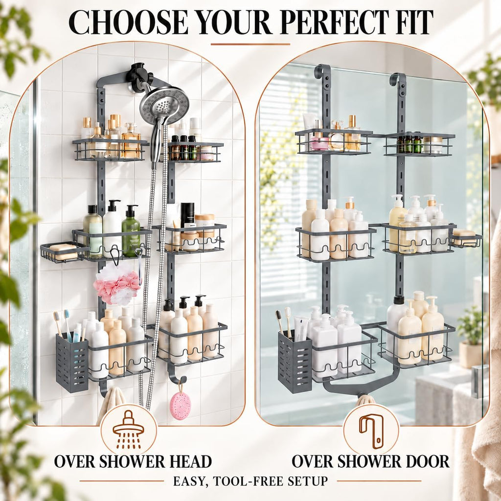 Extra Large Shower Caddy Hanging, Rust-Resistant Shower Organizer Hanging,3 Tier Height-Adjustable Over the Head Caddy,Rack with Soap Basket (Gray)
