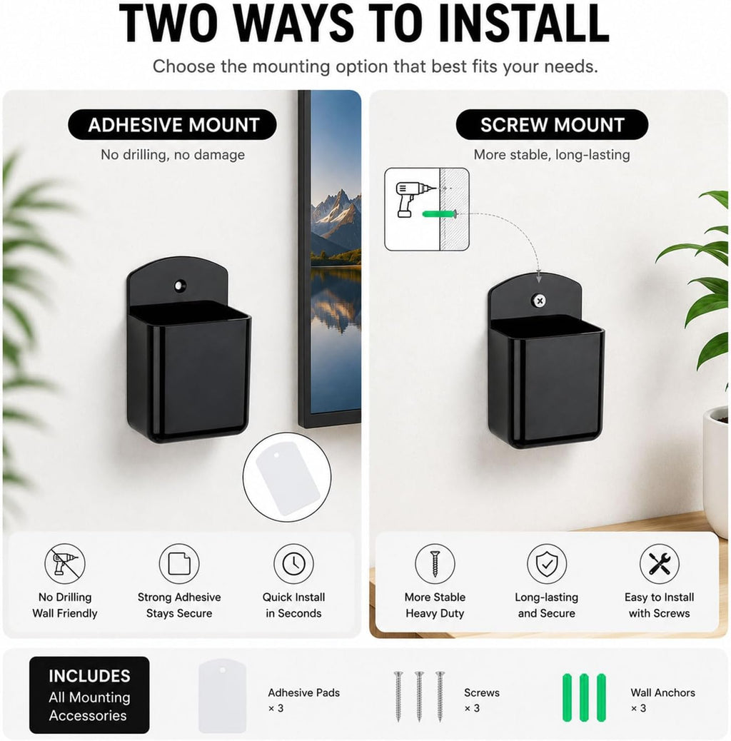 3 Pack Remote Control Holder Wall Mount, Adhesive Remote Holder with Screw Installation Storage Organizer for TV/Media/Air Conditioner Remotes For Home Office School Black