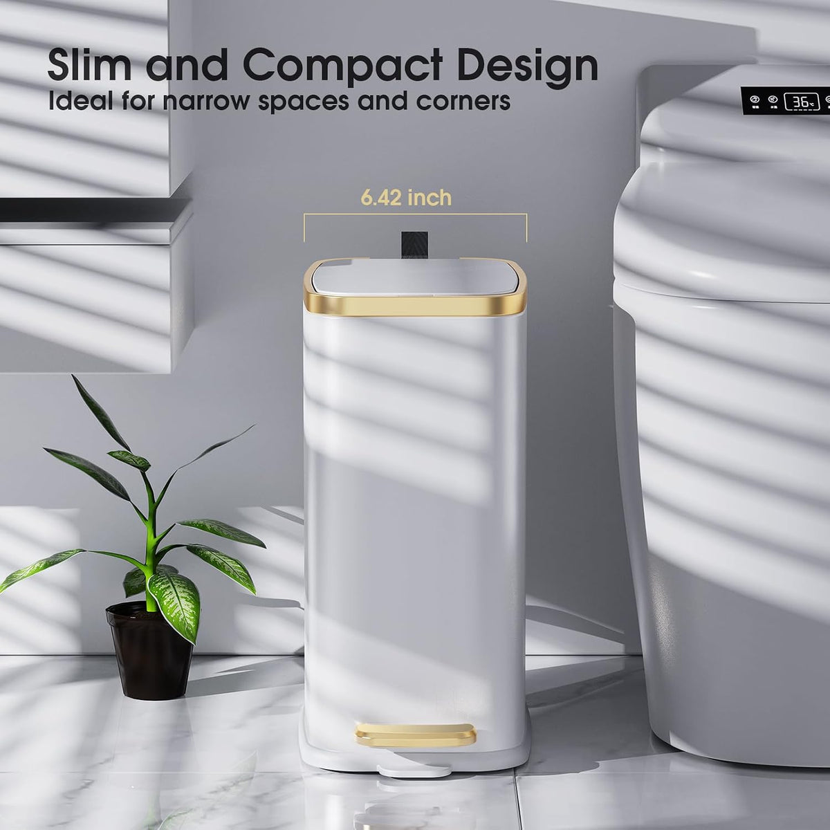 CEROELDA Small Bathroom Trash Can with Lid-5L/1.3 Gal-Soft Close Lid-White