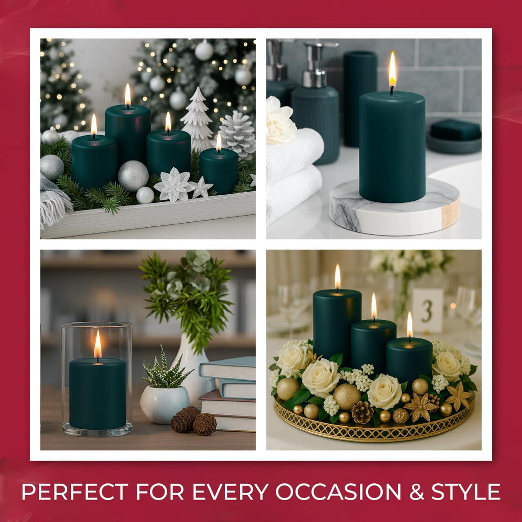 Biedermann & Sons Evergreen Pillar Candles (6 Pack), 4 Inch Tall 3 Inch Wide Round, Unscented Paraffin Wax, Approx 40 to 45 Hour Burn, Dripless Decorative Candles for Centerpieces