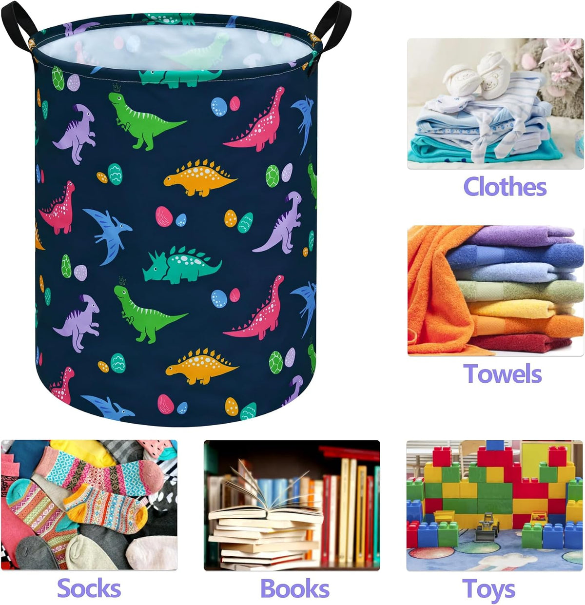 Dinosaur Laundry Basket, Round Foldable Clothes Hamper with Handles, Cotton Linen Blend Storage Bin with Dino Egg Print for Bedroom, Nursery, Playroom, College Dorm