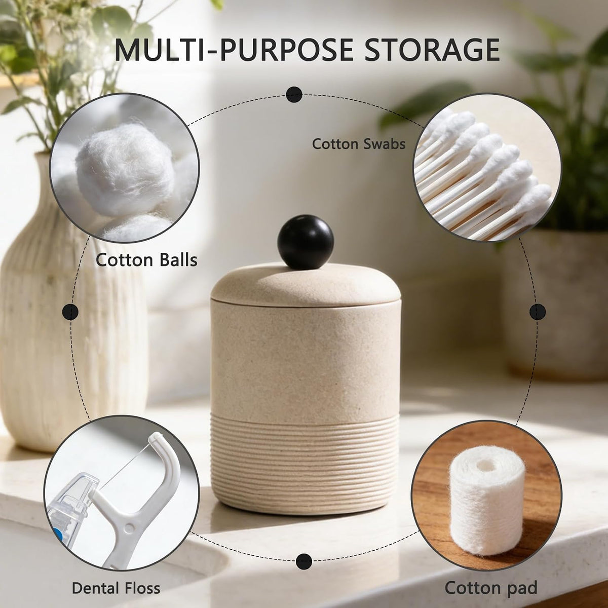 Lidded Qtip Holder, Durable Resin Qtip Container, Bathroom Cotton Swab Container Suitable for Cotton Swabs, Makeup Pads, Dental Floss Picks, Makeup Sponges, And Small Bathroom Accessories (Beige)