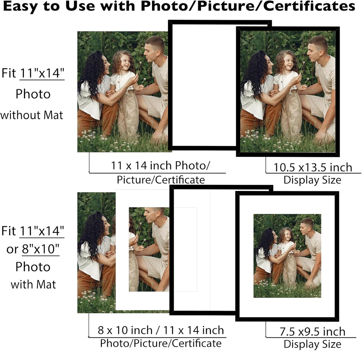 JCJMY 18 Packs 11x14 Picture Frames, Display 8x10 with Mat or 11x14 Without Mat, Black Gallery Wall Frame Set, 11 by 14 Frames Bulk Set of 18 Collage Wall Decor Photo Frames Set for Wall, Black
