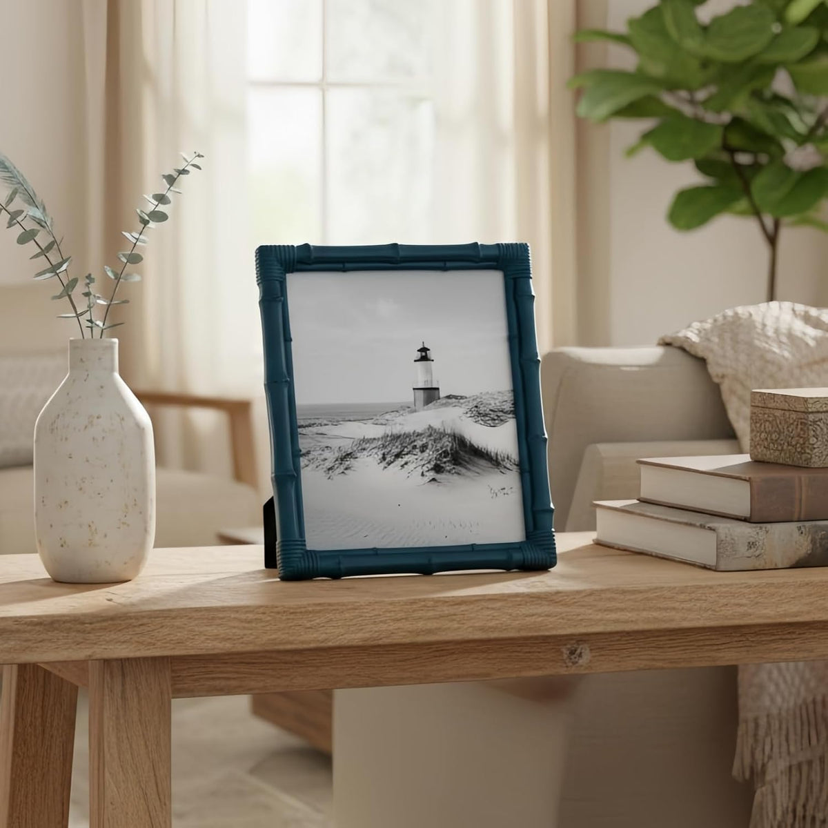 8x10 Picture Frame, 8x10 Bamboo Photo Frame Coastal Bohemian Decorative Frame for Tabletop and Wall Display Holiday Gift for Entry Shelf, Bedroom Dresser Display Nightstand Mantel, Ultramarine