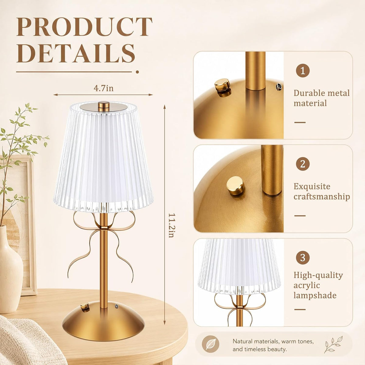 Liliful 2 Pcs Cordless Table Lamp LED Touch, Gold, Hollow Lined Style Bow