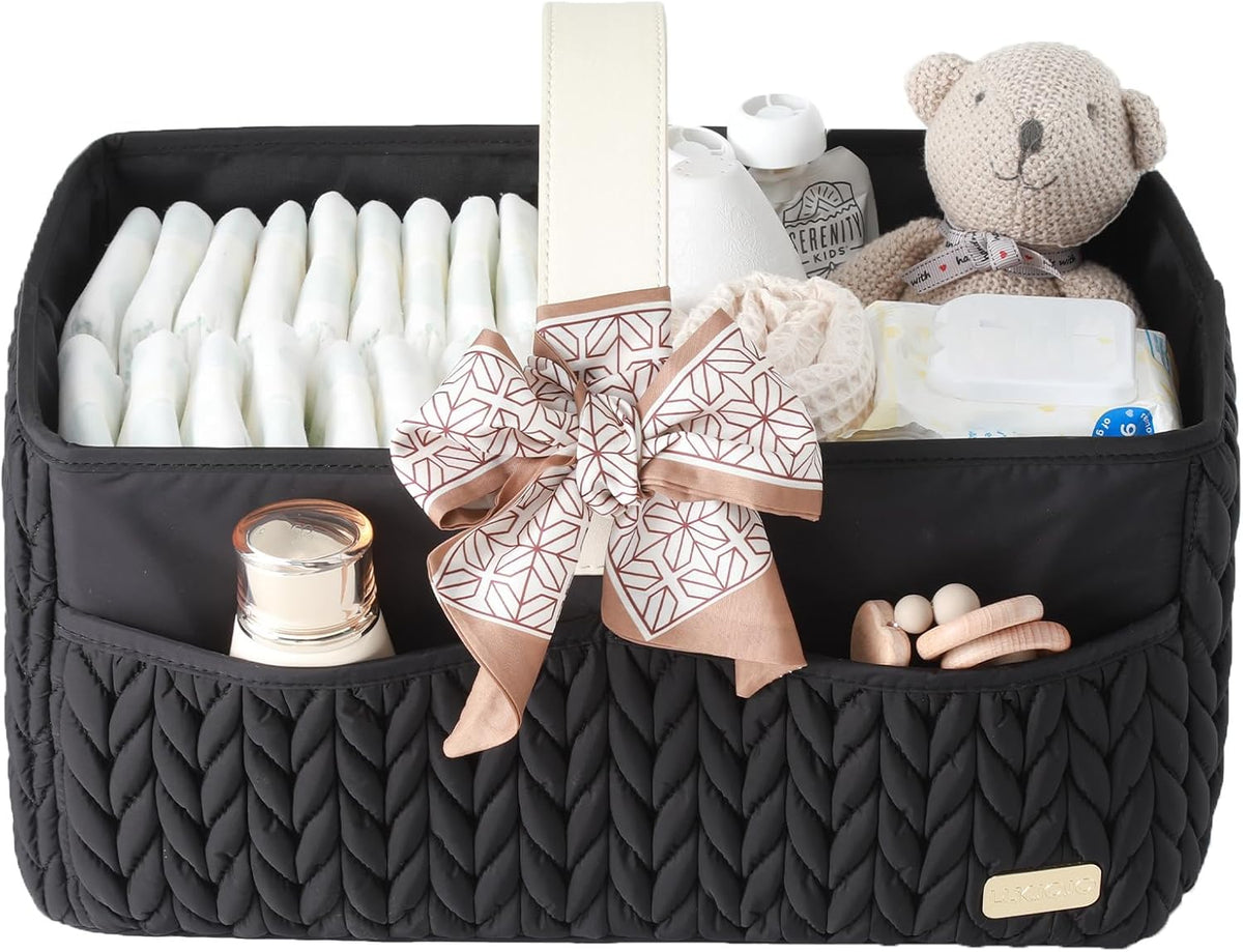 Luxurious Baby Diaper Caddy, Nursery Storage Basket for Newborn Essentials, Travel Baby Basket for Diapers Baby Wipes, Organizer Tote Bag Storage Bin, Baby Shower Gifts(black)