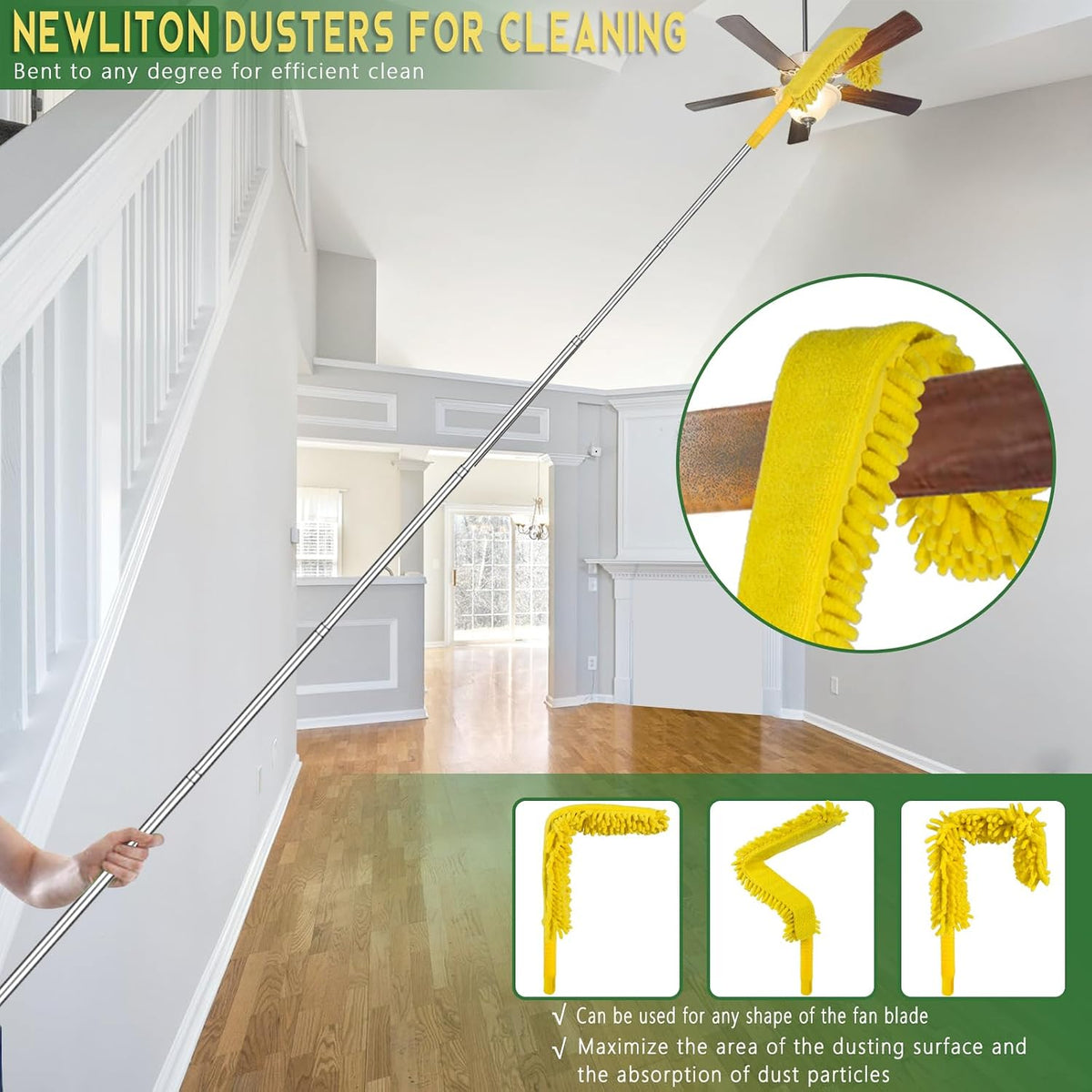17FT Extendable Duster, 2-9 ft Extension Pole for High Ceilings