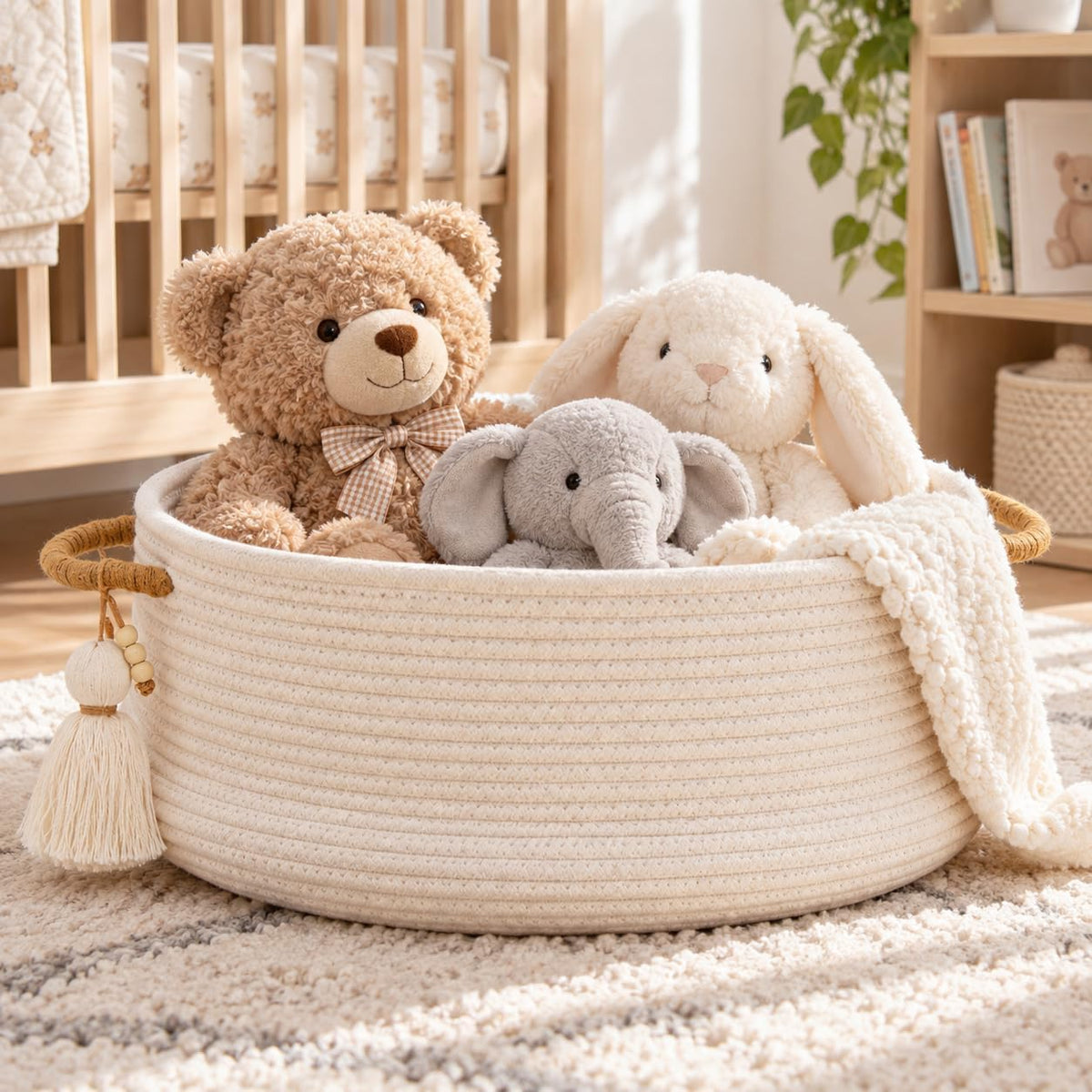 KAKAMAY Woven Baskets for Storage(16"x8"),Blanket Basket for Organizing Living Room,Cotton Rope Basket Woven Baby Laundry Hamper,Collapsible Laundry Room Organization,Clothes,Toy Chest(White)