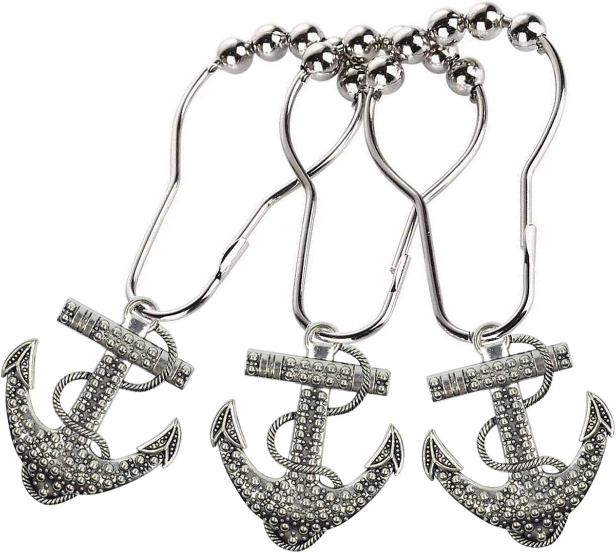 Set of 12 Anchor Shower Curtain Hooks Decorative Home Bathroom Nautical Ocean Boat Sailing Tropical Beach Island Coastal Bath Theme Style Stainless Steel Rustproof (Silver)