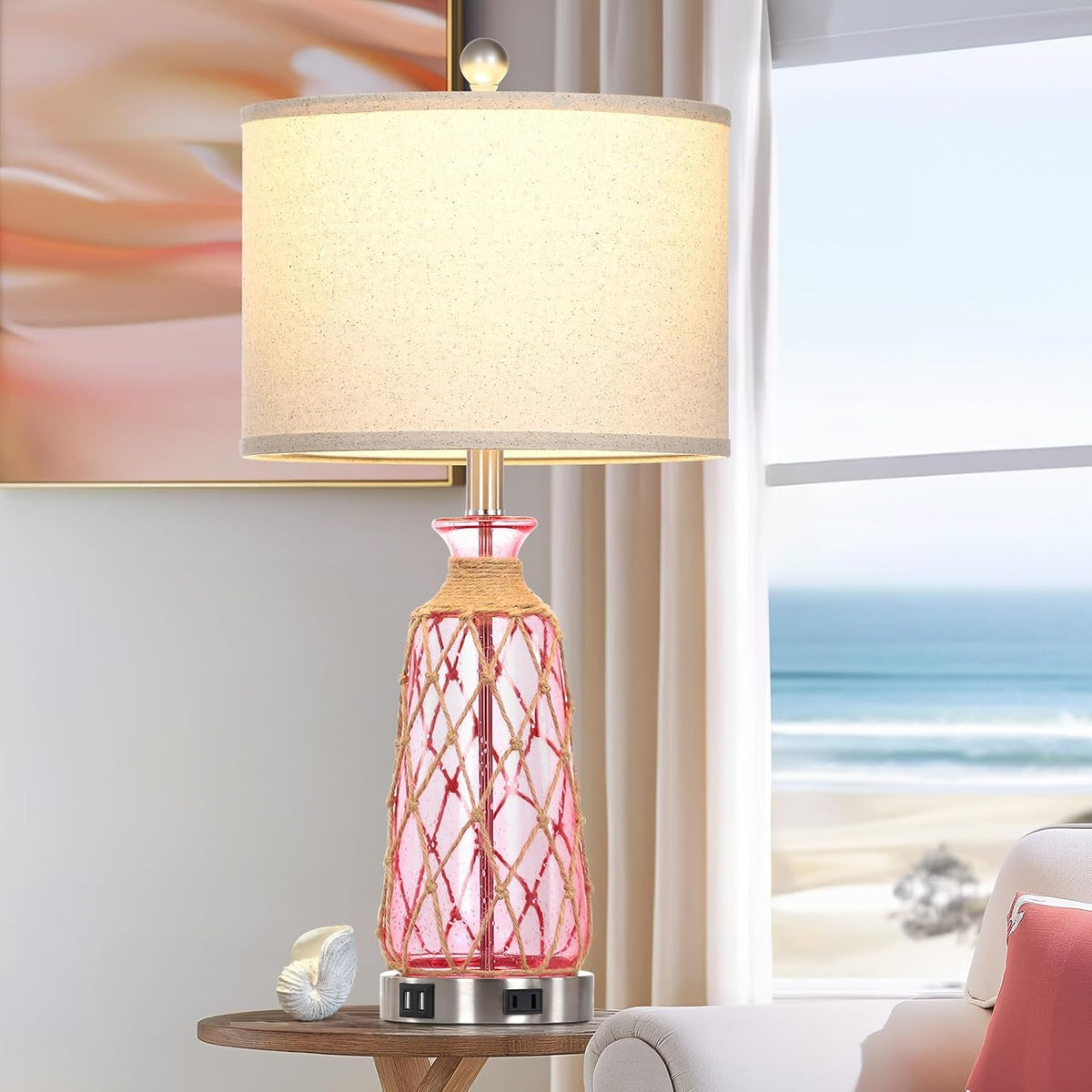 Ruzectt 25.5" Coastal Glass Table Lamps Set of 2, 3-Way Dimmable Touch Control Bedside Lamps with 2 USB Ports and AC Outlet, Pink Nautical Nightstand Lamps for Bedroom Living Room (LED Bulbs Included)
