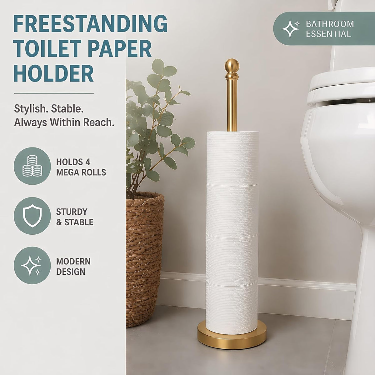 Songtec Toilet Paper Holder Stand Reserve for Bathroom, Holds 4/5 Rolls, Compact TP Roll Holder Storage, Stainless Steel (Gold)
