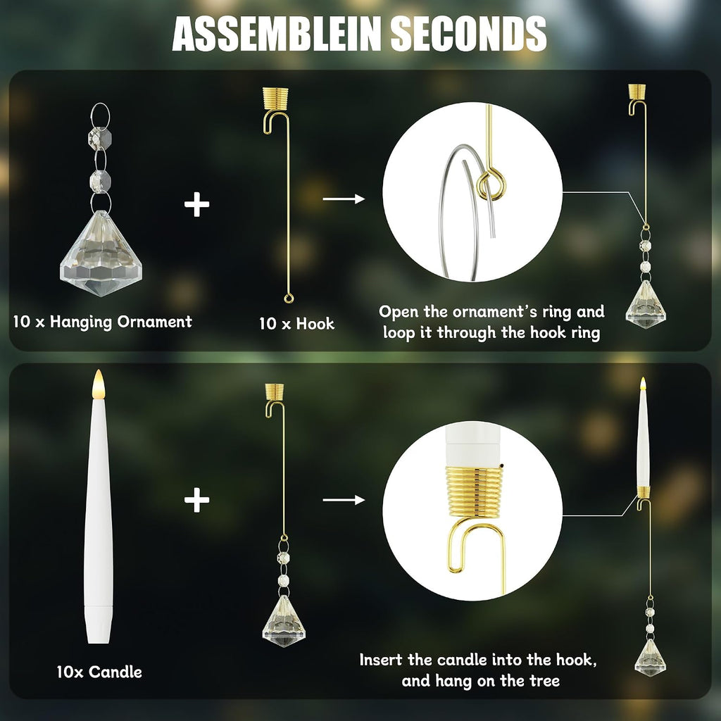 Christmas Tree Candles Battery Operated with Remote, Clip on Candles with Crystal Diamond Ornaments & Hooks for Christmas Tree, Flickering LED Candlesticks for Winter New Year Home Party Decor, 10 Pcs