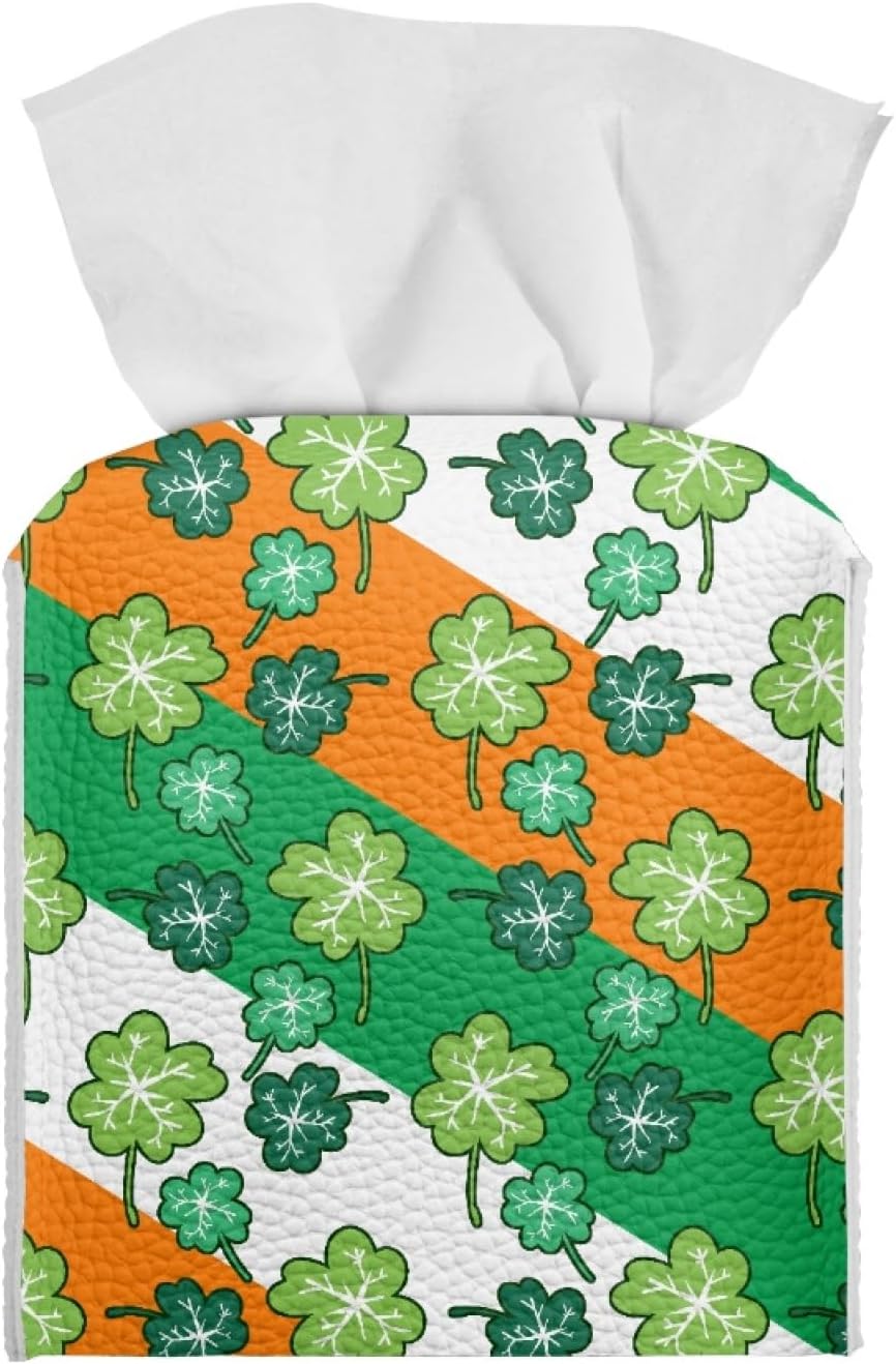 Happy St.Patrick's Day Napkin Tissue Box Cover PU Leather Modern Cube Tissue Case Holder for Bedroom Dresser, Tabletop, Nightstand, Dining Table Home Decoration,Green